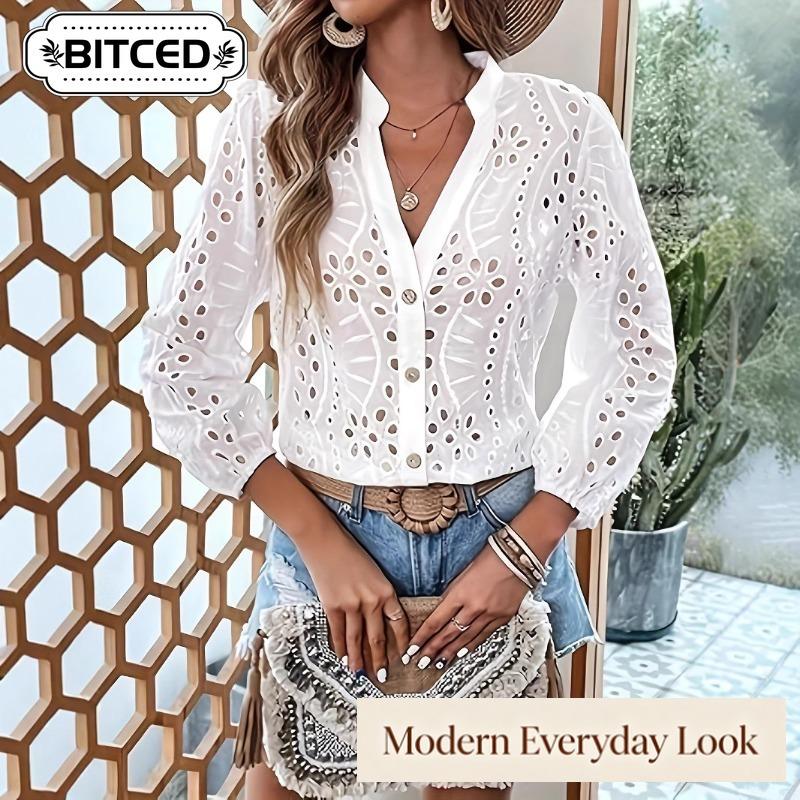 BITCED Women's Fashion Casual Solid Color Print Long Sleeve V-Neck Blouses & Shirts
