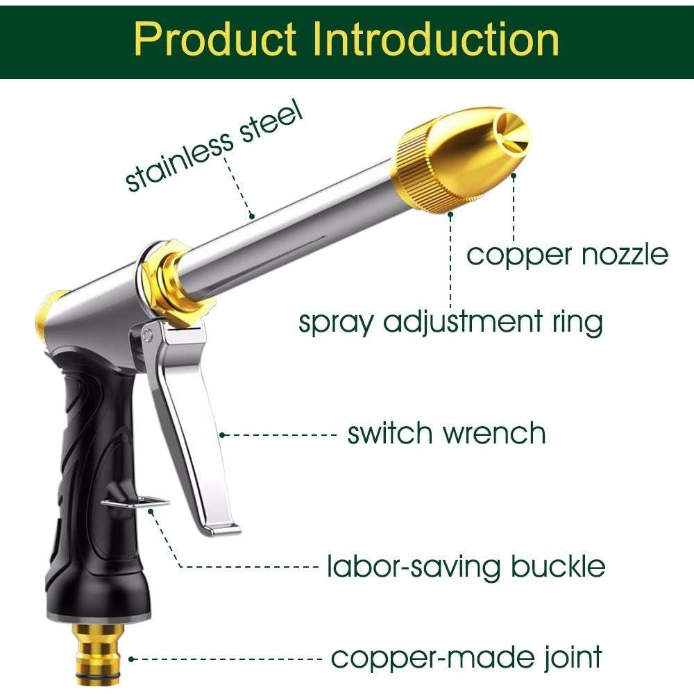 Upgrade Water Hose Nozzle Long Rod Garden Hose Nozzle Heavy Duty metal Brass sprayer 360° Rotaing spray gun for car wash, Plants