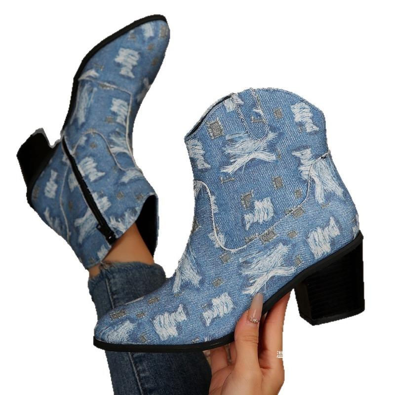 Außenhandel neue Denim High-Heel kurze Martin Stiefel Damen grenzüberschreitende dünne Retro-Stil spitz zulaufende Cowboy-Stiefel