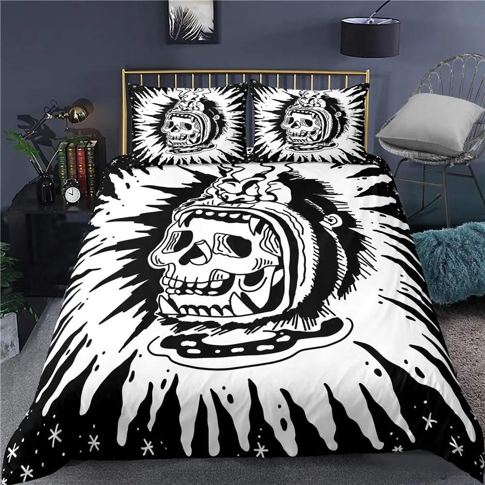 Skull Bedding Duvet Cover Set, White and Black Boho Gothic Skull Skeleton Bones Theme Bed Comforter Cover for Adults Decor