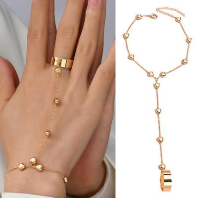 Women Ring Bracelet Set Solid Color Sturdy Heart Shape Ring Hand Chain Set Prom