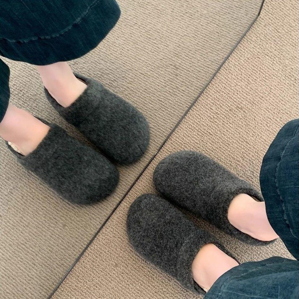 Fleece Comfortable Two Wear Lazy Bag Head Drag Retro Felt Boken Half Slippers Women's Winter New Thick Bottom Increase