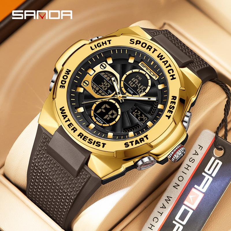 Sanda Men's Trendy Outdoor Sports Watch - Waterproof, Luminous, Multifunctional with Dual Display & Alarm.