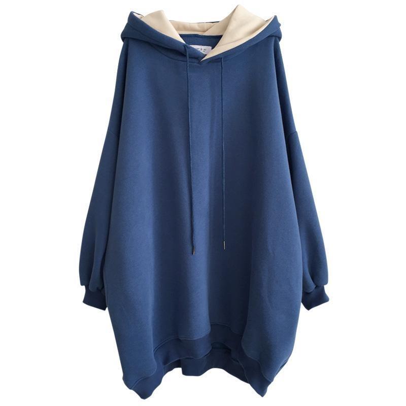 Fashion Korean Loose Mid-length Long Sleeve Retro Solid Color Casual Hooded Plush Thick Sweatshirt