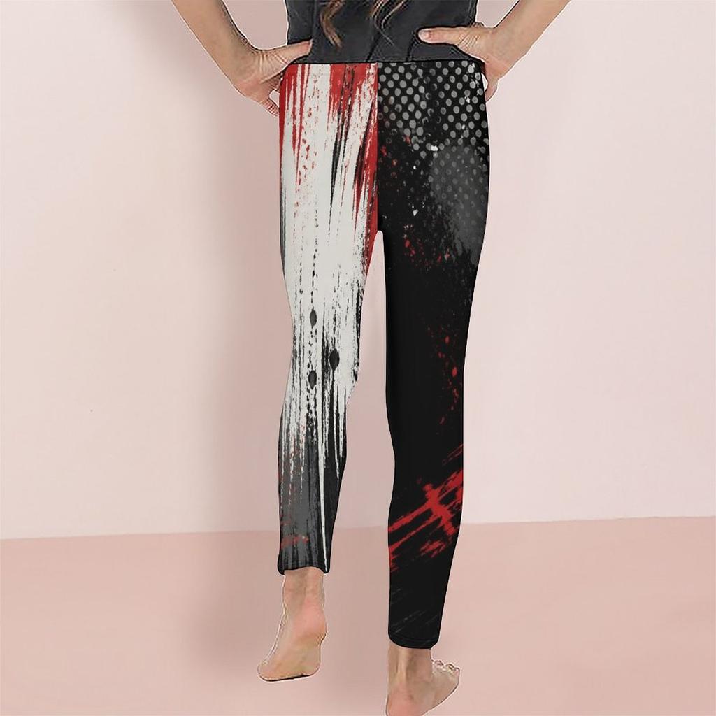 Girls Printed Full Length Fitted Yoga Leggings Black Red White Stretch Waist Pants