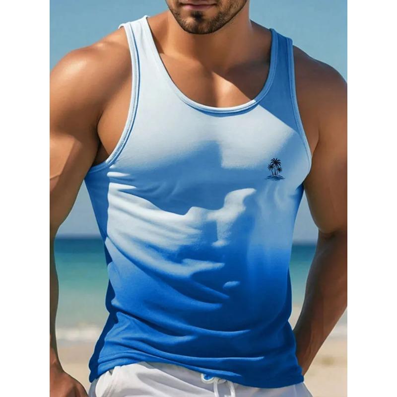 

Summer Round Neck 3D Solid Color Gradient Coconut Tree Pattern Printed Top Fashionable Casual Hawaiian Style Sleeveless Vest Men s T-shirts 6XL