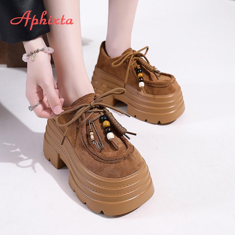 Aphixta Suede Upper Fringe Dec Women Ankle Boots 10cm High Heels Platform Woman Shoes Chunky Heel Lace Up Ladies Shoes