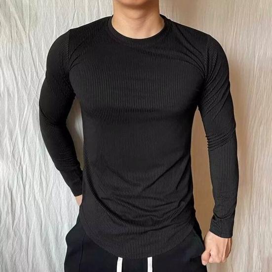 Men Sport Top Slim Fit High Elasticity Striped Texture Round Neck Quick-drying Long Sleeves