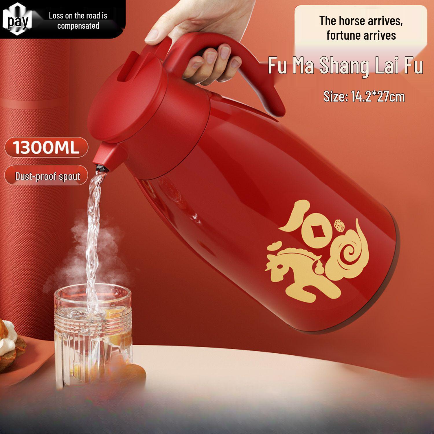

2026 Year of the Horse Red Large-Capacity Home Kettle with Glass Liner for Chinese New Year - Insulated Hot Water Kettle.