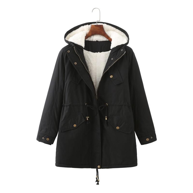 Womens Warm Fleece-Lined Hooded Cotton Coat Mid-Length Straight Fit Winter Daily Wear