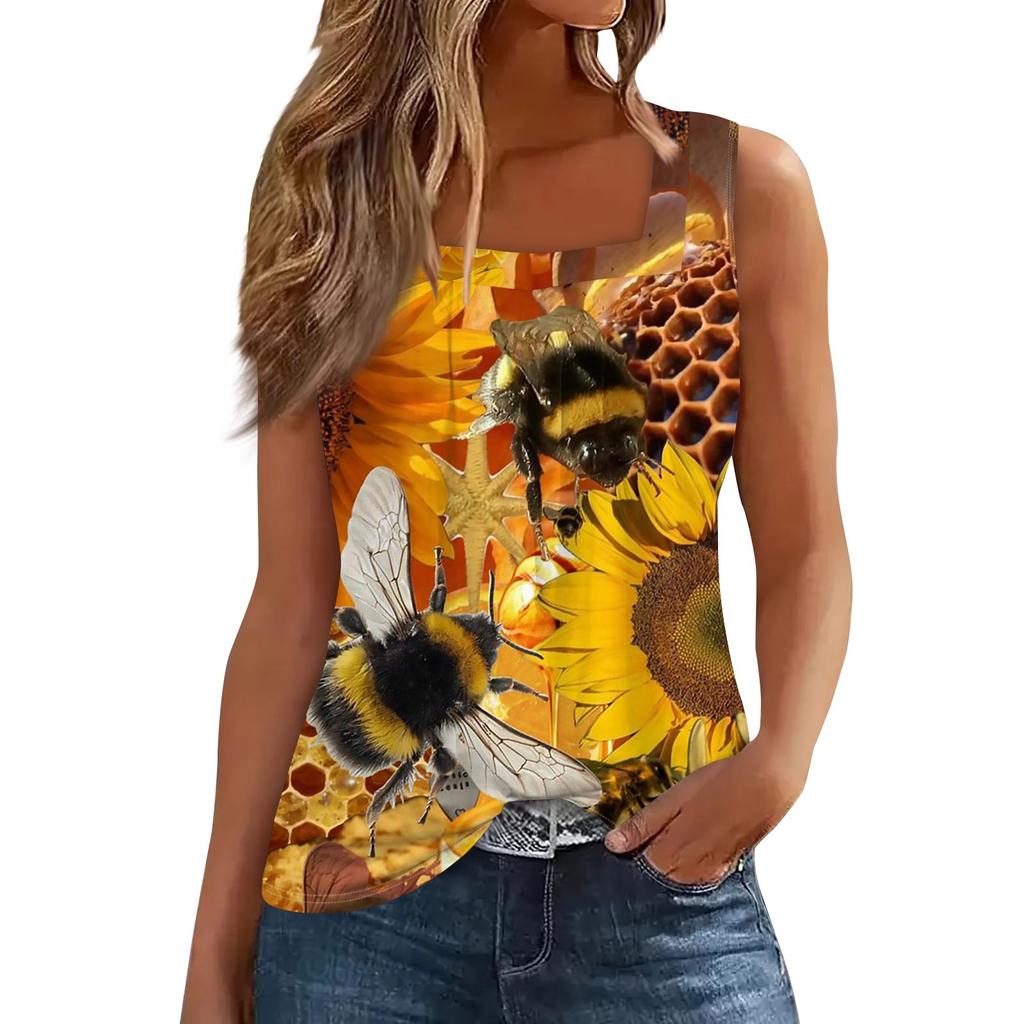 Women's Fashion Casual Pleated Square Collar Sleeveless Vest Print Summer T-shirt