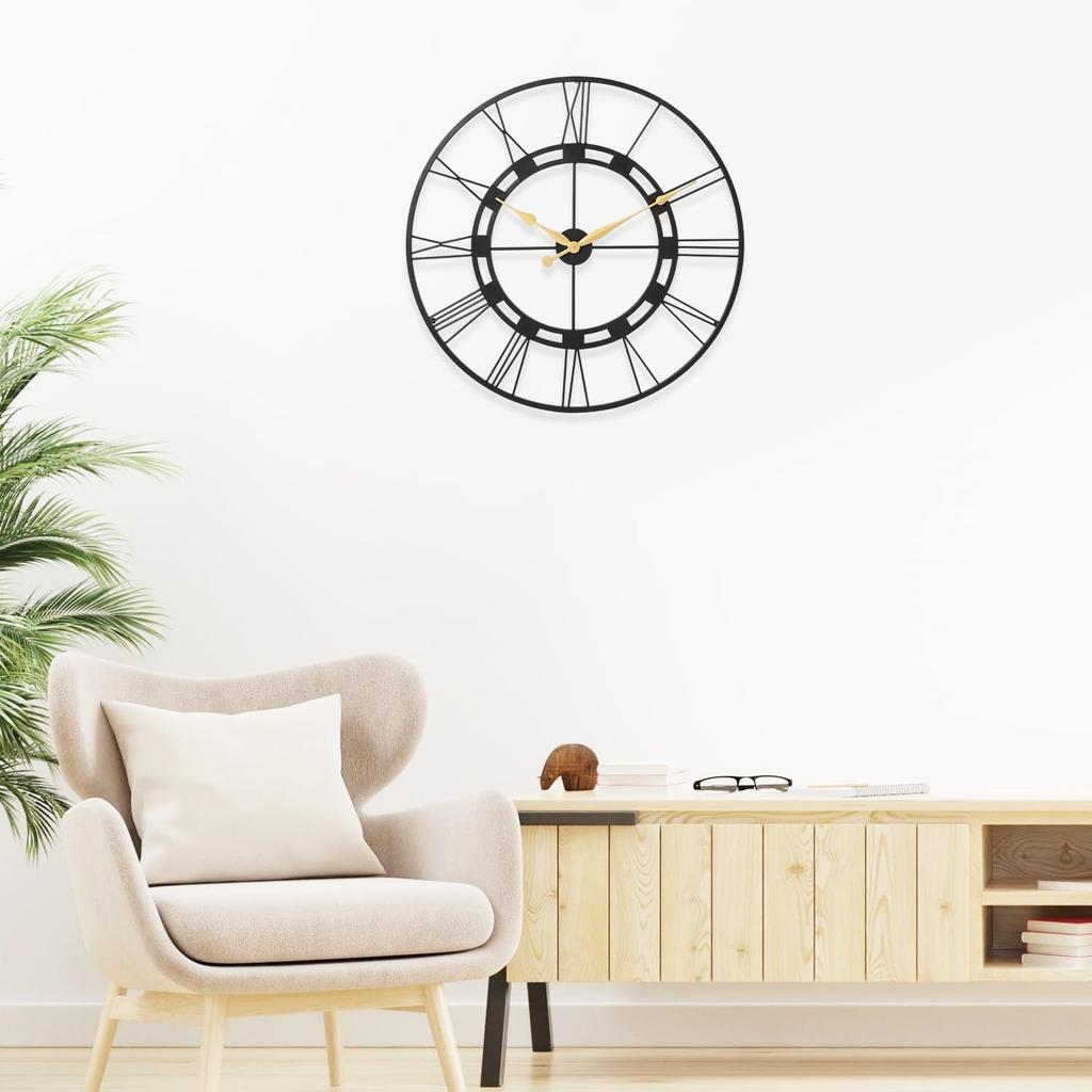 Iron Open Dial Roman Number Wall Clock with Special Big Clock Hands Analog Clock for Living Room Bedroom and Office - 30 Inch, Blackd