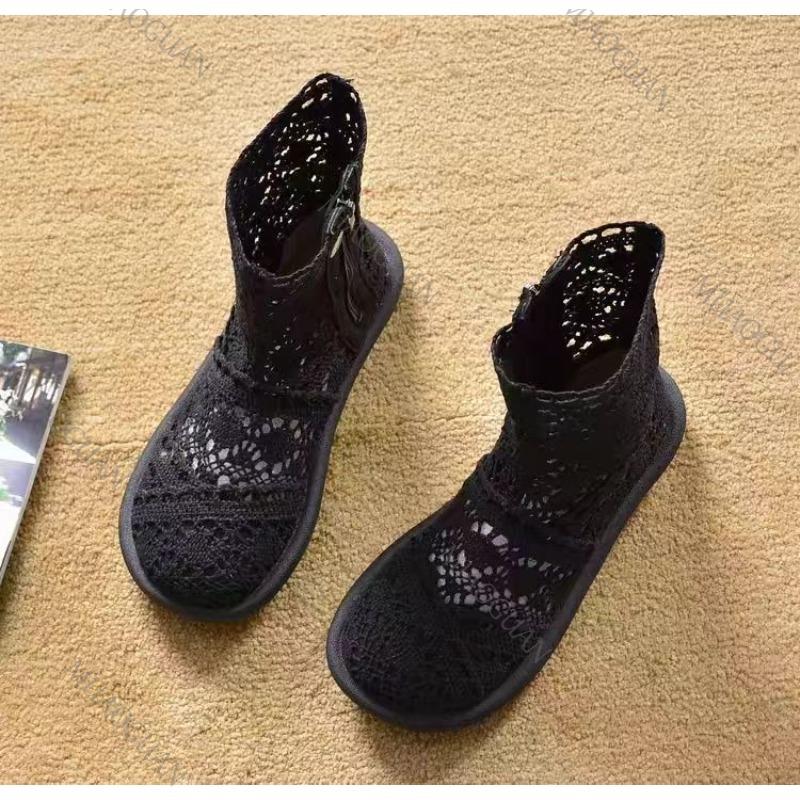 Fashion Summer Ankle Cool Boots Women's Knitted Cotton Hemp Hollow Mesh Sandals Ladies Comfortable Flat Bottom Soft Soled Botines Shoes