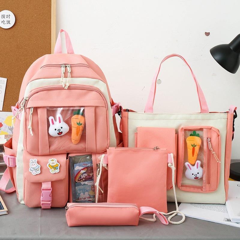 5 Piece Set Purple Pink Fashion Cartoon Cute Kawaii School Bags For Girls Portable High-capacity Multifunction Combined Backpack
