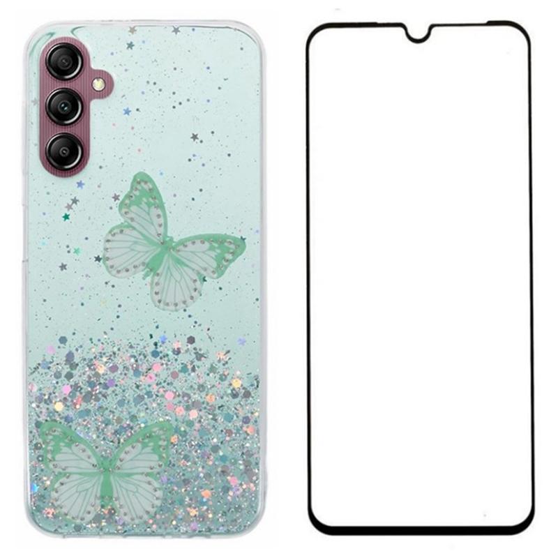 

WANLONFENG AW Series for Samsung Galaxy A54 5G Case Glitter 3D Butterfly TPU Phone Cover with HD Film 2-in-1 Green