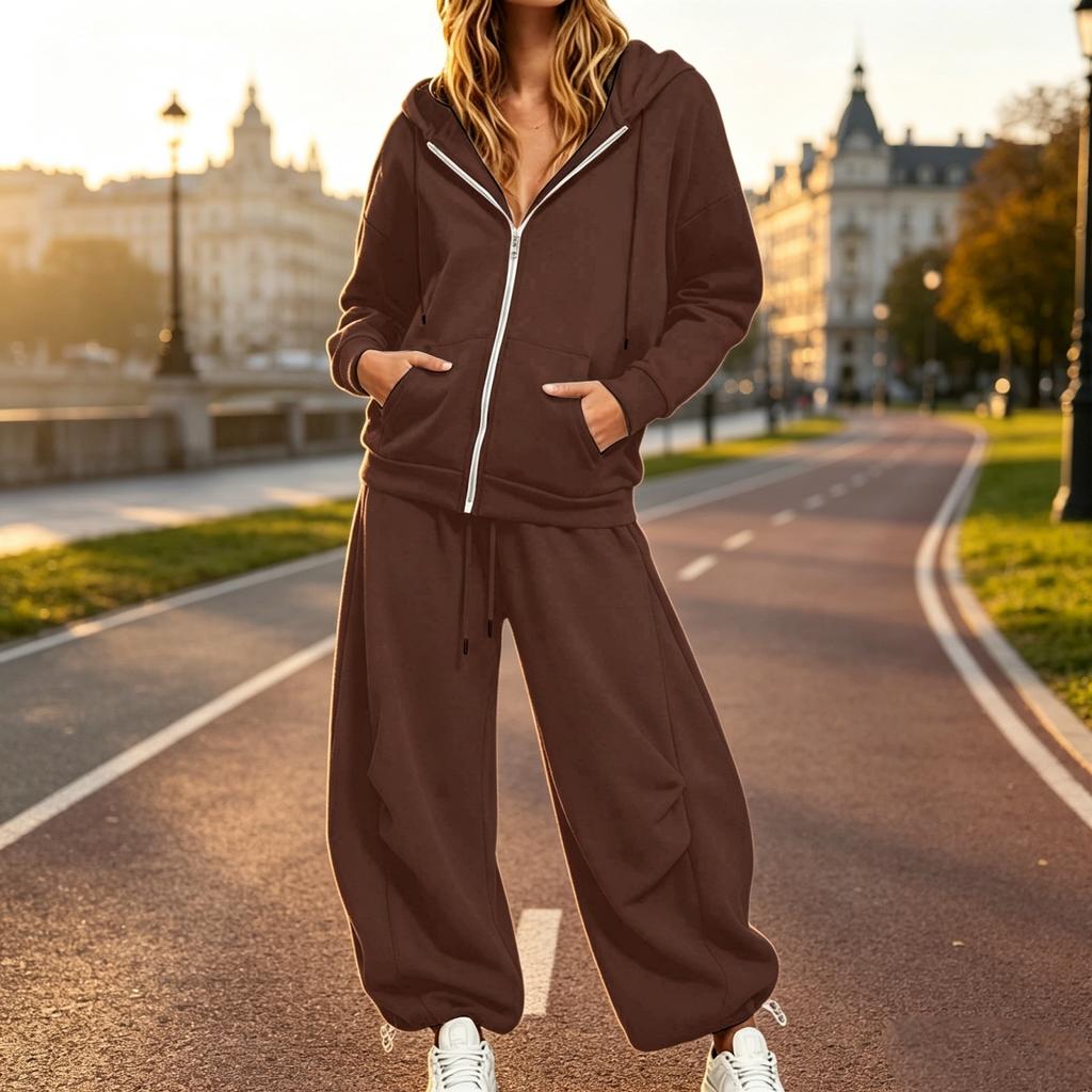 Completo da Donna a 2 Pezzi con Felpa con Zip e Pantaloni Larghi, Tuta Casual Larga per l'Autunno