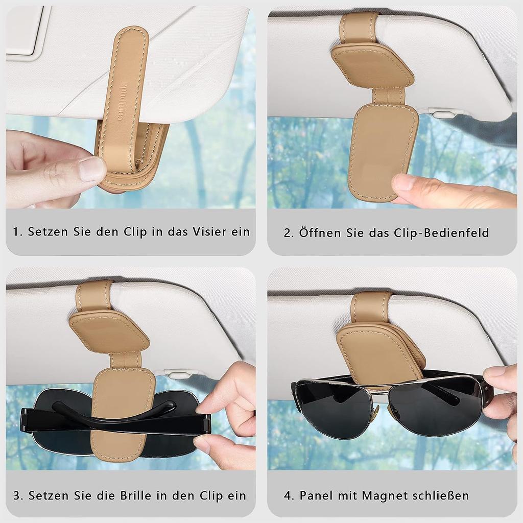 2 Pack Glasses Holder for Car Sun Visor, Genuine Leather Car Visor Accessories, Sunglasses Holder, Magnetic Sunglasses Holder, Ticket Clip