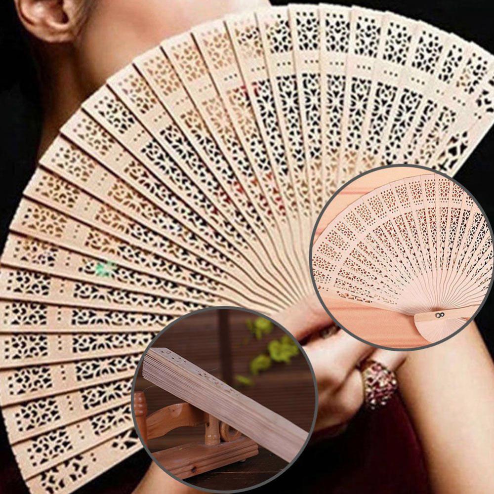 Hollow Wood Carving Fan Chinese Hand-held Carving Folding Fan Wedding Birthday Party Gift Room Handicraft Ornaments Decoration