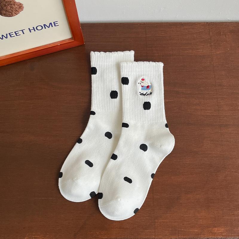 Female Spring and Autumn Lovely Polka Dot Lovely Embroidered Cartoon Dog In Tube Cotton Socks