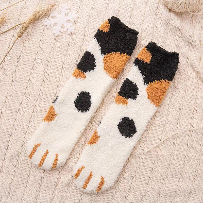 Cozy Cat Paw Coral Fleece Socks - Thick Warm Floor Sleep Socks