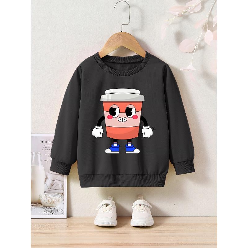 Kids Cartoon Coffee Cup Print Crew Neck Sweatshirt - Regular Fit, Applique Detail, Slight Stretch, Casual Style