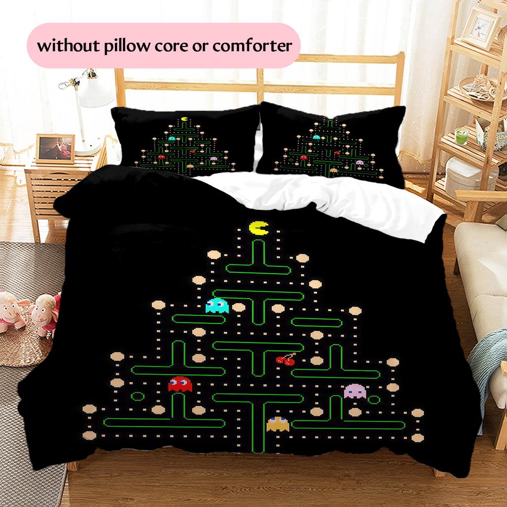 Retro Game Christmas Tree Pattern Bedding Quilt Set Home Decoration Gift (1 * duvet cover + 2 * pillowcase without core)