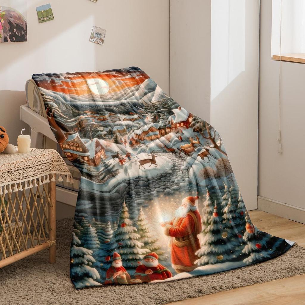 Santa Claus Snow Scene Thick Flannel Office & Nap Blanket