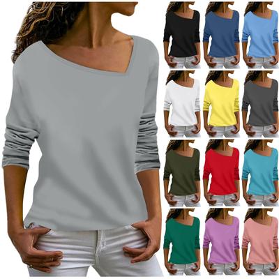 Women's T-shirt Blouse Fashion Casual Irregular V-neck Solid Color Long-sleeved Top