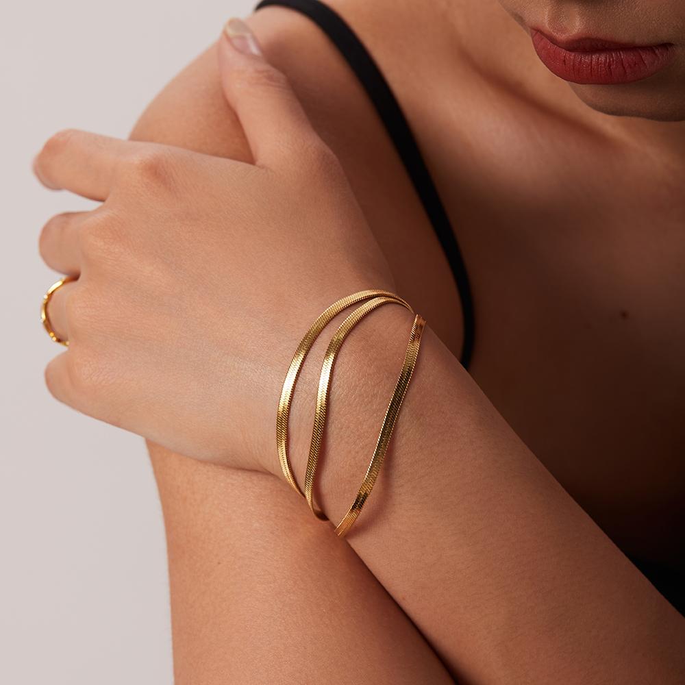 Flat Snake Chain Three Layer Snake Chain Bracelet Stainless Steel  Gold Plated Pvd Metal Texture Rust-Proof And Waterproof