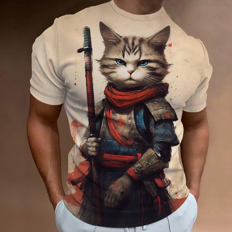 New Retro Men's T-Shirt 3d Samurai Cat Print Short Sleeve T-Shirt For Men Fashion Oversized Man Clothes