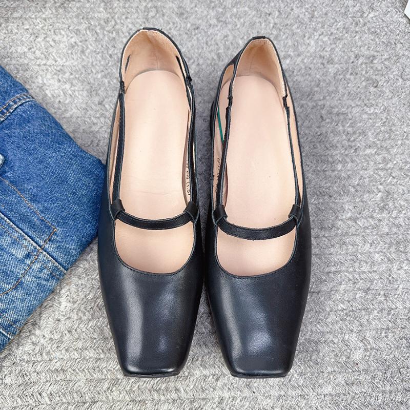Johnature Echtes Leder Retro-Pumps mit niedrigem Absatz, Damenschuhe, quadratische Zehen, flache, bequeme Loafer-Schuhe