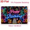2D Black Neon Birthday Backdrop "Happy Birthday" with Glowing Party Icons for Night Party Decoration
