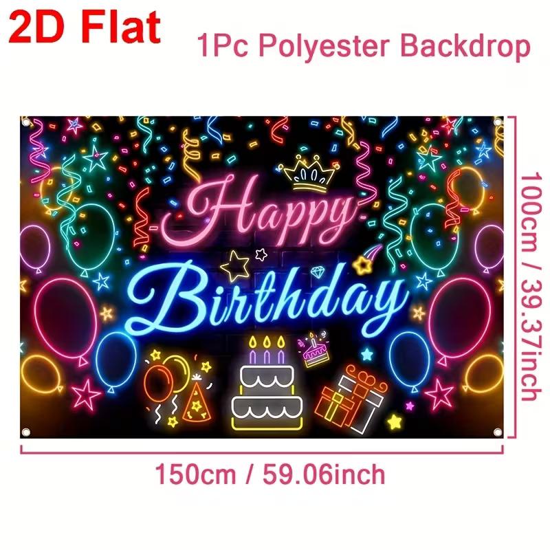 2D Black Neon Birthday Backdrop "Happy Birthday" with Glowing Party Icons for Night Party Decoration