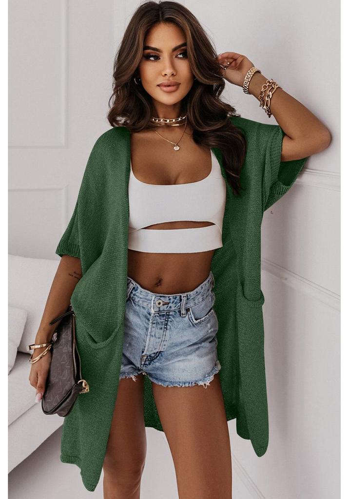 2026 Spring/Summer Women's Casual Knit Batwing Cardigan with Pockets - Loose, Mid-Length, Short Sleeve Outerwear