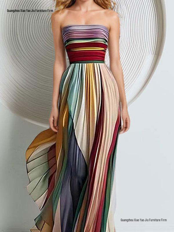 Cross-border Summer Women's Fashion Printed Sleeveless Bandeau High-Waisted Maxi Dress