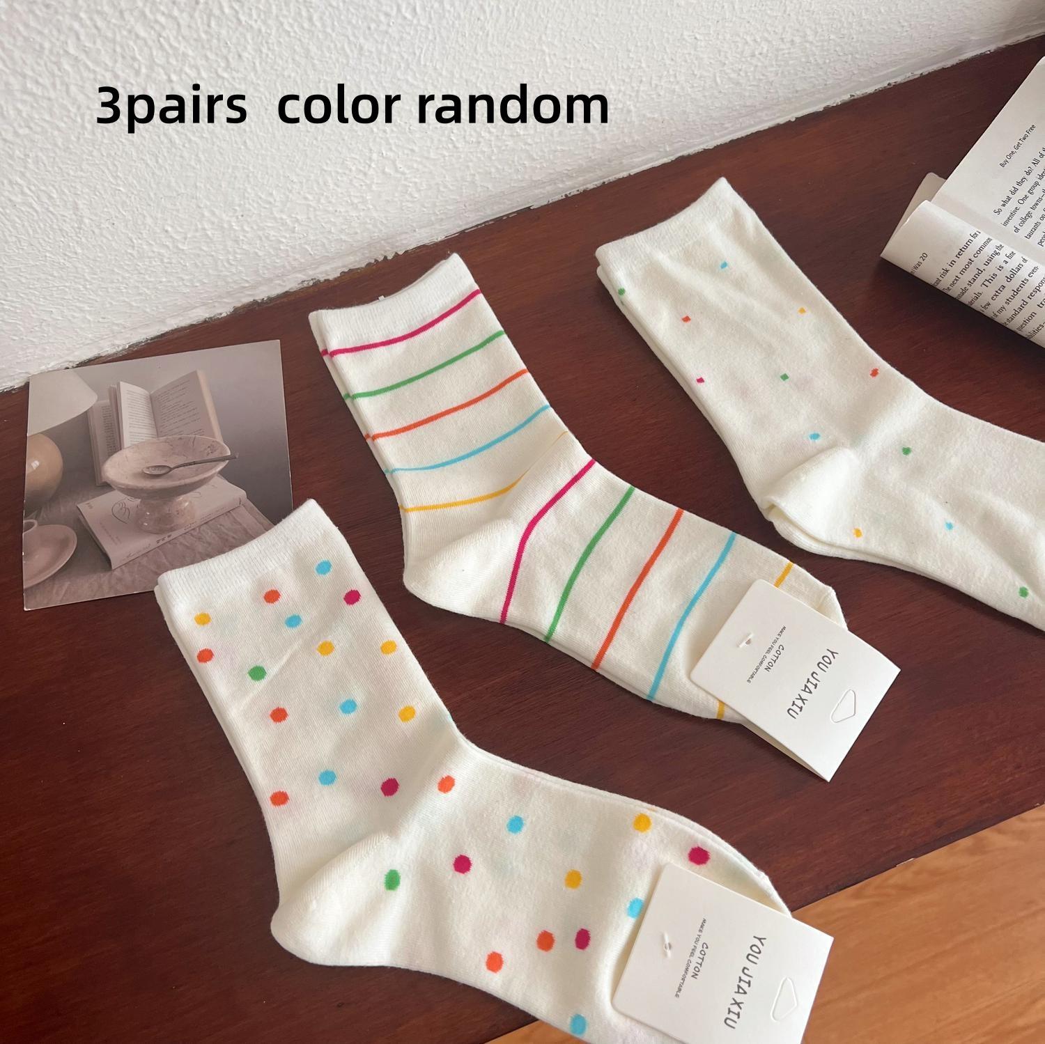 

3 Pairs of Socks in Random Styles, Korean Striped and Polka Dot Socks, Spring and Autumn Style, Trendy Socks for Girls, Striped and Dotted W One Size