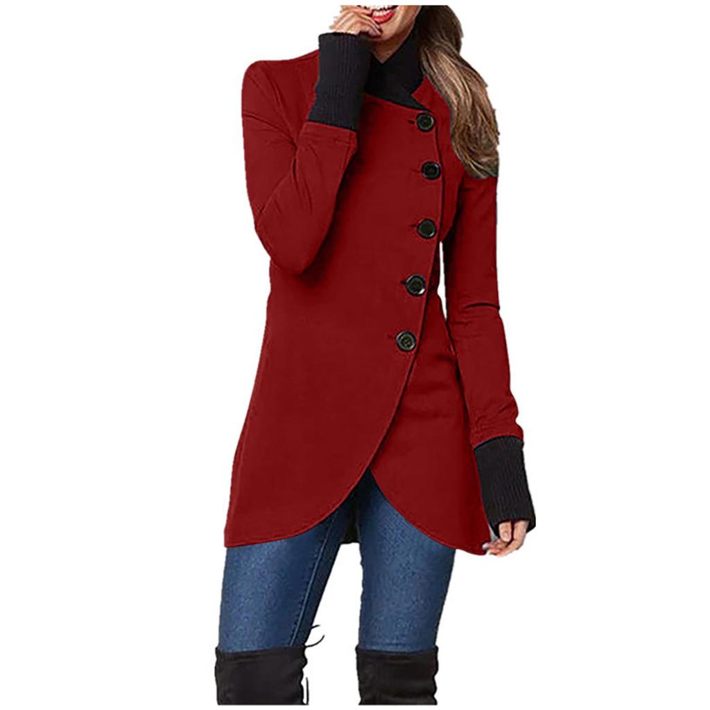 Women's Casual Fashion Solid Color Single Breasted Lapel Stitching Hem Slit Long Sleeved Jacket Coat