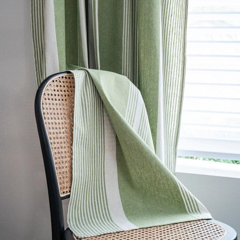 American Cotton Linen Stripe Thick Blackout Home Window Curtains with Tassel Bedroom Kitchen Drapes Living Room Shading Curtain