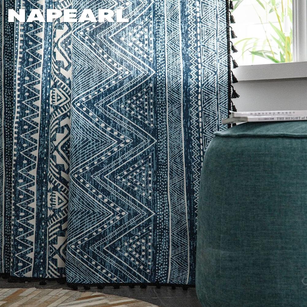 1PC NAPEARL Bohemian Style Blue Geometric Print Curtain with Fringe Semi Blackout for Small Windows Balcony Home Decor