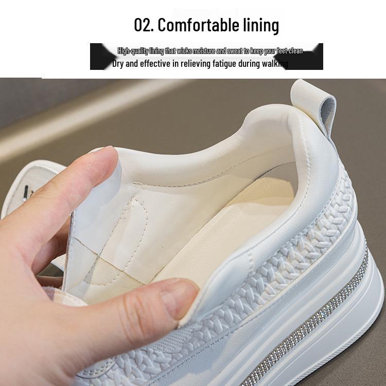 2025 Autumn Women's Rhinestone Sneakers - Petite Height Boost, Magic Tape Closure, Casual Trendy Thick Sole, White