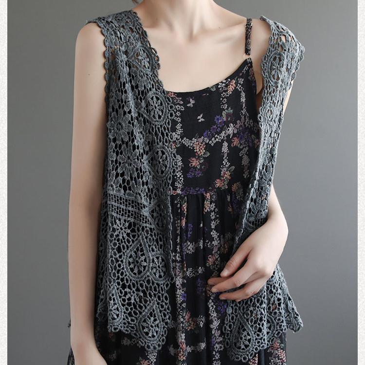 Summer Women Lace Vest Loose Cut-out Cardigan Vest Bohemian Style Cotton Woven Open Front Vest Thin Outwear