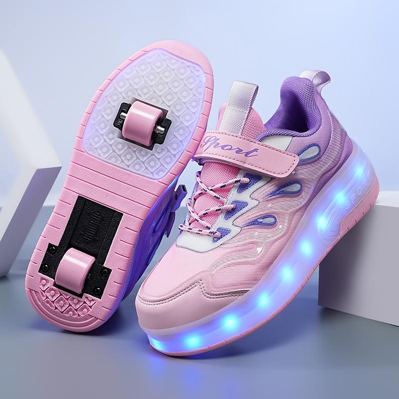 

Детские кроссовки обувь для мальчиков девочек светодиодная подсветка колеса уличный паркур роликовые коньки спортивная USB зарядка светящаяся повседневная обувь 28