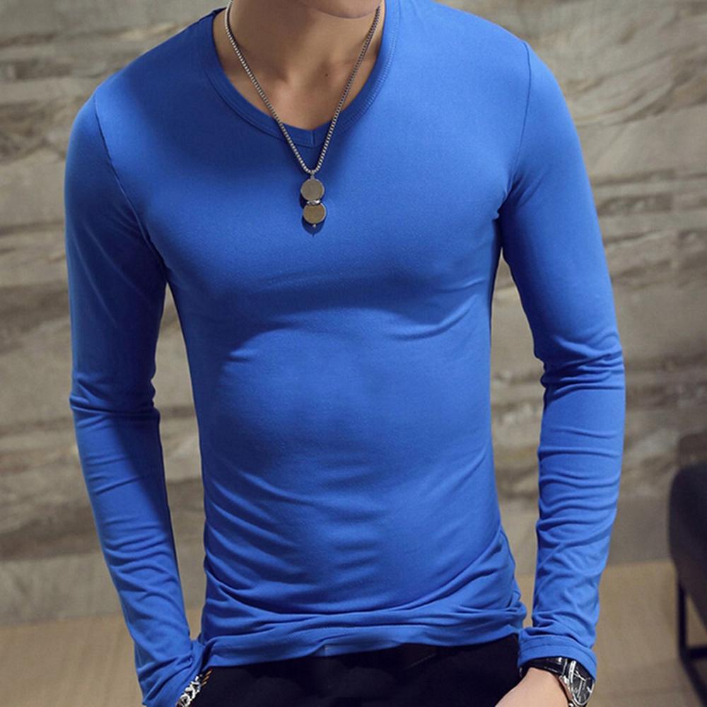Men's Fashion Casual Slim Fit Long Sleeve T-Shirts Lightweight Solid Color O/V Neck Cotton T-Shirts Blouse