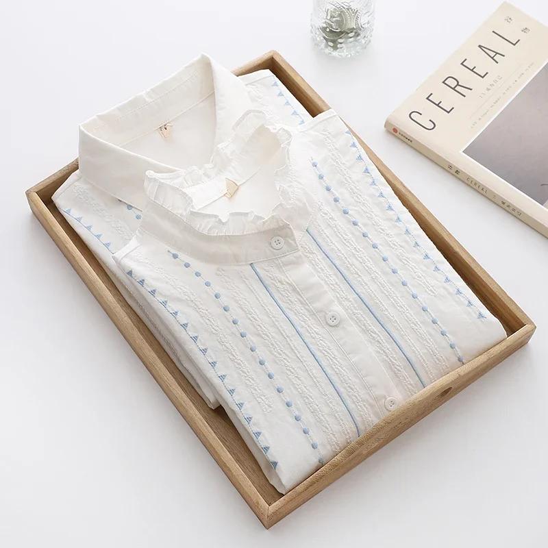 Embroidery Art Jacquard Cotton Long Sleeve Shirts Women Autumn New Lace White Blouse Ladies Loose Casual Blouses and Tops