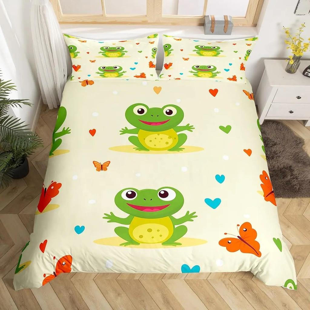 Kawaii Kikkers Dekbedovertrek King Queen Cartoon Dieren Thema Beddengoed Set Grappige Wildernis Dekbedovertrek Kinderkamer Zacht Dekbedovertrek