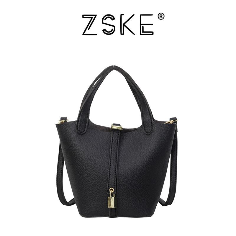New High-end Lychee Pattern Small Lock Mother Bucket Bag Portable Single Shoulder Oblique Span Women's Bag