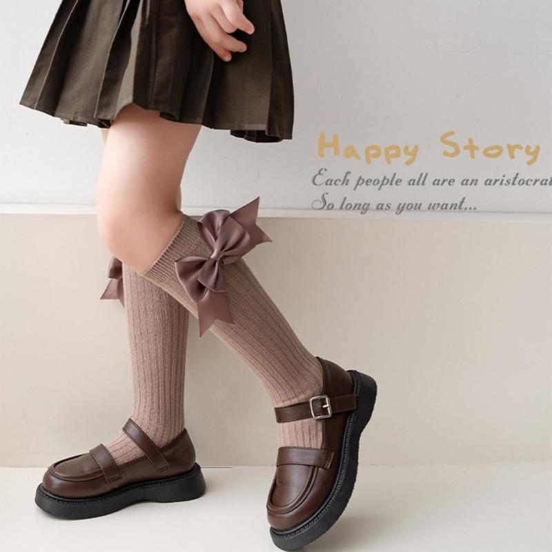 Girls Knee High Cotton Socks Big Ribbons Bow Back To School Socks, Ribbons Bows Long Socks Uniform Party Wear Stockings
