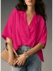 2025 Women's Casual Loose Short Sleeve Lapel Shirt - Solid Color, Summer Style