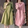 2026 Lockeres Freizeit-Hemdblusenkleid Sommer Neu Koreanische Mode Einreihig Büro Einfache Kleider Revers Tasche Einfarbig Sieben-Viertel-Ärmel Süß Elegant
