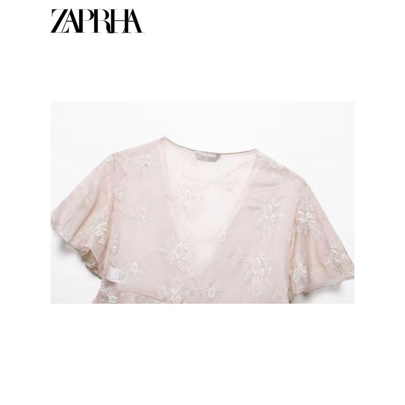 Zaprha 2025 New Arrival French Age-Reducing Laminated Decoration V Neck Short Sleeve Embroider Tops Shirt for Women 3105872